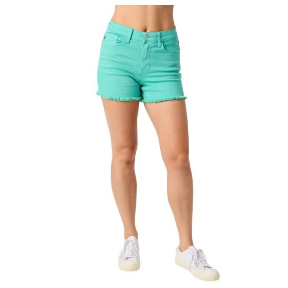 JUDY BLUE‎ Mid Rise Garment Dyed Aqua Frayed Hem Shorts XL Colorful Festival NEW